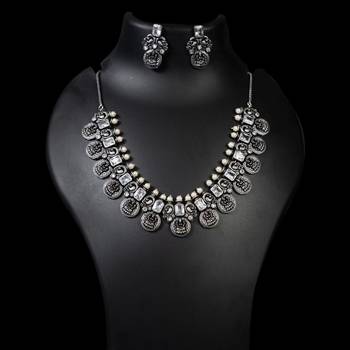 Indian oxidized stone necklace set red green white stone silver plated handmade jewelry set 1