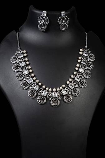 Indian oxidized stone necklace set red green white stone silver plated handmade jewelry set