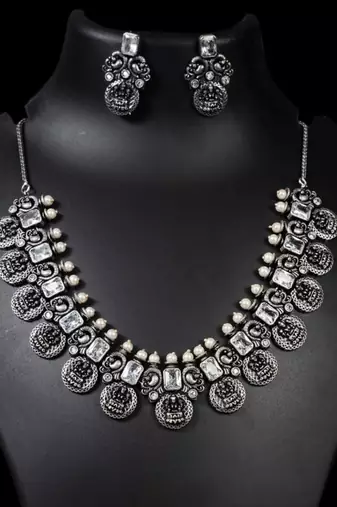 Indian oxidized stone necklace set red green white stone silver plated handmade jewelry set
