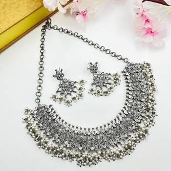Silver plated oxidized adjustable choker necklace set indian german silver design boohoo style 1
