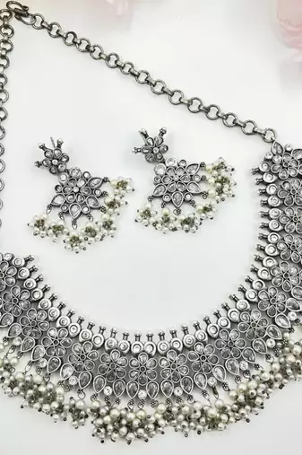 Silver plated oxidized adjustable choker necklace set indian german silver design boohoo style