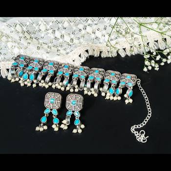 Pearl oxidized stone set indian stone studded with earrings, oxidized handmade jewelry set, antique 1