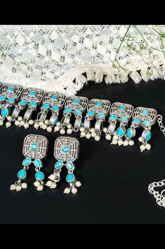 Pearl oxidized stone set indian stone studded with earrings, oxidized handmade jewelry set, antique