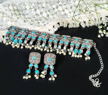 Pearl oxidized stone set indian stone studded with earrings, oxidized handmade jewelry set, antique 2