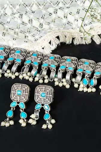Pearl oxidized stone set indian stone studded with earrings, oxidized handmade jewelry set, antique
