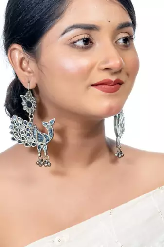 Afghani glass earrings peacock indian mirror dangle earrings oxidized dangler for women earring
