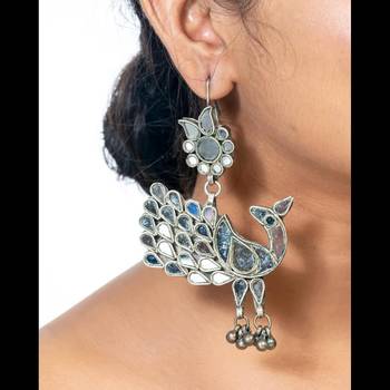Afghani glass earrings peacock indian mirror dangle earrings oxidized dangler for women earring 3