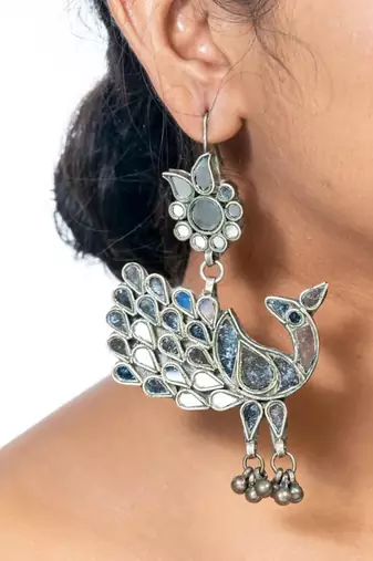 Afghani glass earrings peacock indian mirror dangle earrings oxidized dangler for women earring