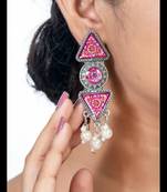 Oxidized handprint earrings dangler pearl earring jewelry silver plated handmade party wear jewelry