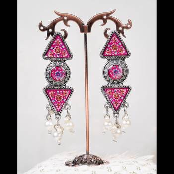 Oxidized handprint earrings dangler pearl earring jewelry silver plated handmade party wear jewelry 4