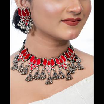 Red lotus mirror afghani boho tribal choker set, real glass oxidized tribal jewelry necklace set 1