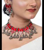 Red lotus mirror afghani boho tribal choker set, real glass oxidized tribal jewelry necklace set