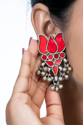 Red lotus mirror afghani boho tribal choker set, real glass oxidized tribal jewelry necklace set