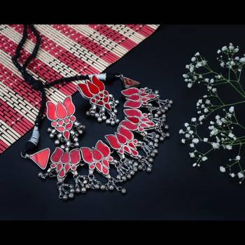 Red lotus mirror afghani boho tribal choker set, real glass oxidized tribal jewelry necklace set 3