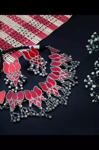 Red lotus mirror afghani boho tribal choker set, real glass oxidized tribal jewelry necklace set