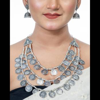 Oxidized 3 layer handmade silver coin necklace set, multilayer indian jewelry silver neckpiece set 1