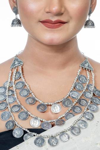 Oxidized 3 layer handmade silver coin necklace set, multilayer indian jewelry silver neckpiece set