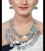 Oxidized 3 layer handmade silver coin necklace set, multilayer indian jewelry silver neckpiece set