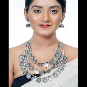 Oxidized 3 layer handmade silver coin necklace set, multilayer indian jewelry silver neckpiece set 2