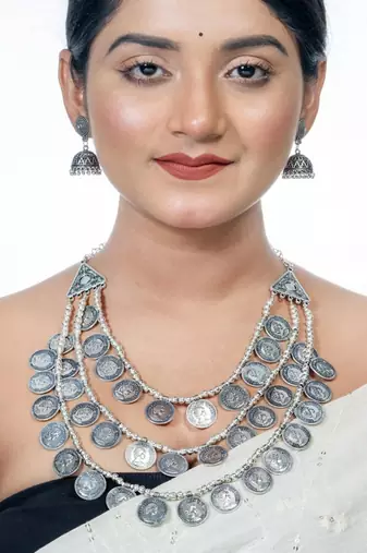 Oxidized 3 layer handmade silver coin necklace set, multilayer indian jewelry silver neckpiece set