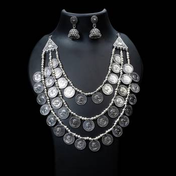 Oxidized 3 layer handmade silver coin necklace set, multilayer indian jewelry silver neckpiece set 4