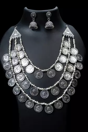 Oxidized 3 layer handmade silver coin necklace set, multilayer indian jewelry silver neckpiece set
