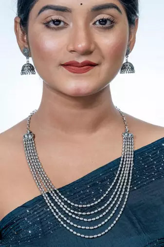 Multilayer silver oxidised necklace five layer long beaded necklace, oxidized necklace jewelry set