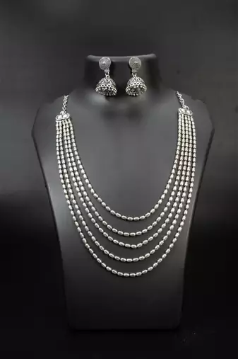 Multilayer silver oxidised necklace five layer long beaded necklace, oxidized necklace jewelry set