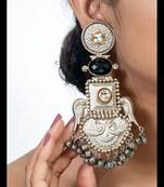 Long handmade silver black indian earrings kundan studded with ghungroos gifts for her wedding