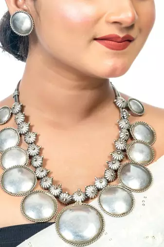 Statement necklace set silver antique oxidized indian replica polish designer coin necklace set