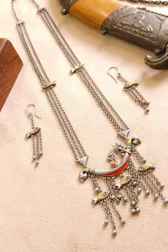 Multicolor long necklace pendant indian jewellery set fish design