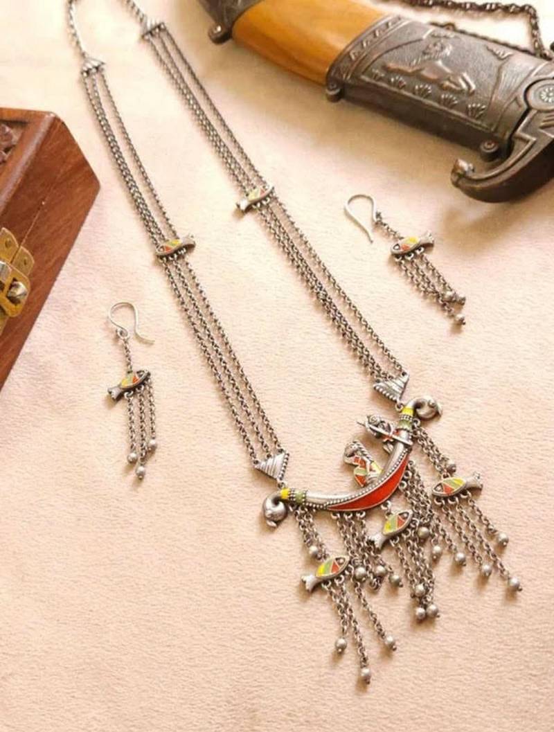 Multicolor long necklace pendant indian jewellery set fish design