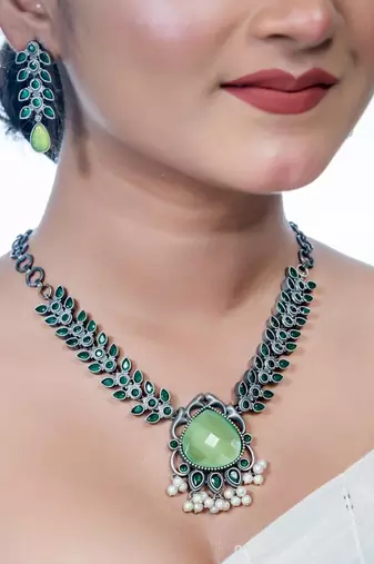 Temple jewelry green stone jewelry set, indian oxidized set with pearls, kolhapur set, necklace set