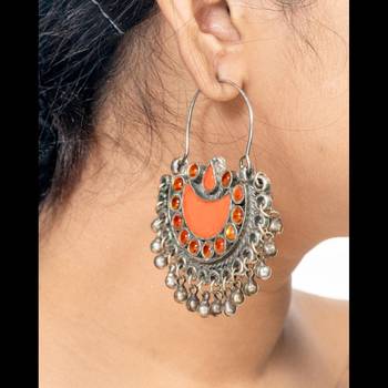 Orange chand bali mirror glass earrings afghani mirror earrings indian glass jewelry, jewelry set 1