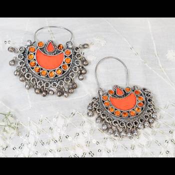 Orange chand bali mirror glass earrings afghani mirror earrings indian glass jewelry, jewelry set 3