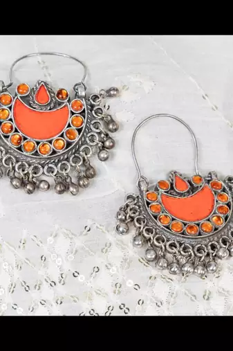 Orange chand bali mirror glass earrings afghani mirror earrings indian glass jewelry, jewelry set
