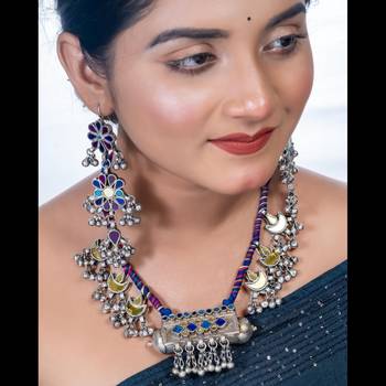 Blue mirror glass necklace set afghani saree jewelry set indian handmade oxidized tribal necklace 1