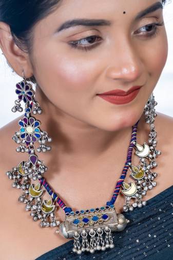 Blue mirror glass necklace set afghani saree jewelry set indian handmade oxidized tribal necklace