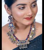 Blue mirror glass necklace set afghani saree jewelry set indian handmade oxidized tribal necklace