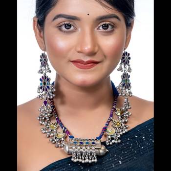 Blue mirror glass necklace set afghani saree jewelry set indian handmade oxidized tribal necklace 2