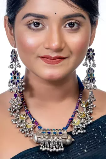 Blue mirror glass necklace set afghani saree jewelry set indian handmade oxidized tribal necklace
