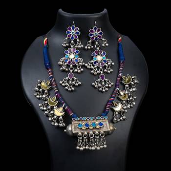 Blue mirror glass necklace set afghani saree jewelry set indian handmade oxidized tribal necklace 4