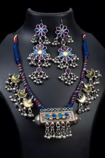Blue mirror glass necklace set afghani saree jewelry set indian handmade oxidized tribal necklace