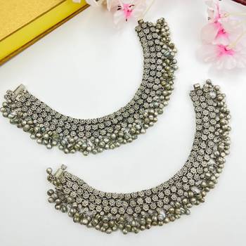 Indian german silver handmade antique design pair of ghungroo anklets oxidized heavy paayal set 2