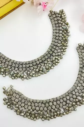 Indian german silver handmade antique design pair of ghungroo anklets oxidized heavy paayal set