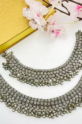 Indian german silver handmade antique design pair of ghungroo anklets oxidized heavy paayal set