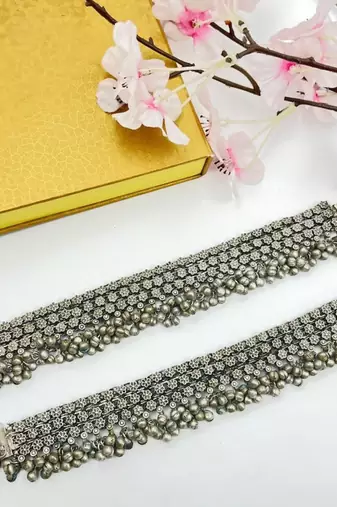 Indian german silver handmade antique design pair of ghungroo anklets oxidized heavy paayal set