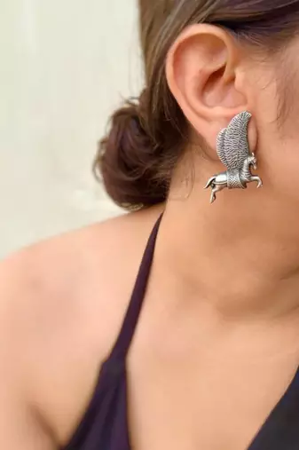 Indian oxidized horse earrings silver plated studs german silver stud jewelry for women light weight