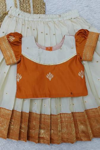  Baby Girl's Traditional Readymade South Indian Pattu Pavadai Orange Lehenga Choli For Kid's
