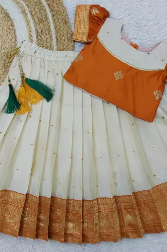  Baby Girl's Traditional Readymade South Indian Pattu Pavadai Orange Lehenga Choli For Kid's